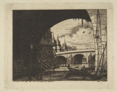 Łuk, Pont Nôtre-Dame, Paryż, z cyklu „Akwaforty Paryża” autorstwa Charles Meryon