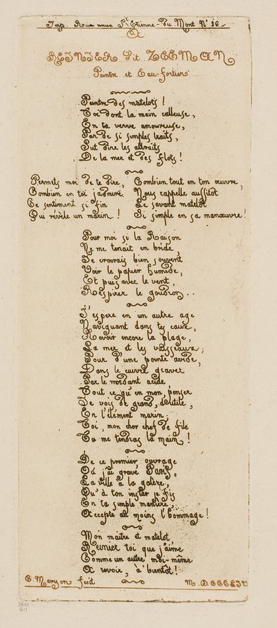 Wiersze dedykacyjne Meryona dla Reiniera Noomsa, zwanego Zeemanem autorstwa Charles Meryon