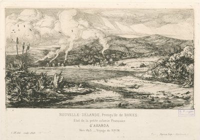 Stan małej francuskiej kolonii Akaroa, ilustracja z „Etchings of the Pacific...” autorstwa Charles Meryon