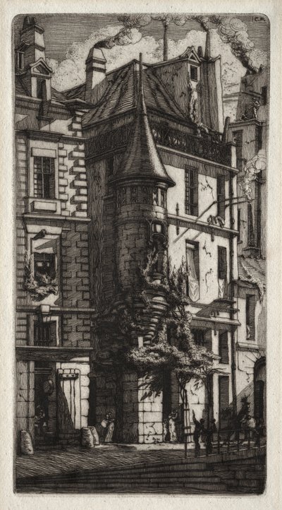 Akwaforty Paryża: Dom z wieżyczką, ulica Tkaczy, 1852. autorstwa Charles Meryon