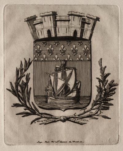 Akwaforty Paryża: Symboliczne herby miasta Paryża, 1854. autorstwa Charles Meryon