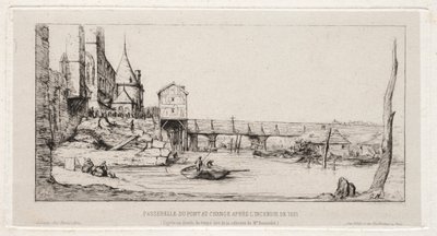 Kładka czasowa zastępująca most giełdowy, Paryż, po pożarze w 1621 r. autorstwa Charles Meryon