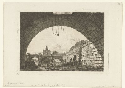 Gezicht op Pont-Neuf van onder boog Pont-au-Change w Paryżu Pont Neuf i Samaritaine spod pierwszego łuku Pont au Change autorstwa Charles Meryon