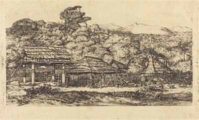 Rodzime spichlerze i mieszkania w Akaroa, Wyspa Banksa, 1845 (Native Stodoły i chaty w Akaroa, Półwysep Banksa, 1845) autorstwa Charles Meryon