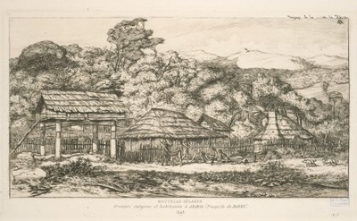 Rodzime spichlerze i mieszkania w Akaroa, Półwysep Banks, ilustracja z „Etchings of the Pacific” autorstwa Charles Meryon