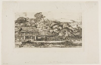Rodzime stodoły i chaty w Akaroa, Półwysep Banksa, 1845 r. autorstwa Charles Meryon