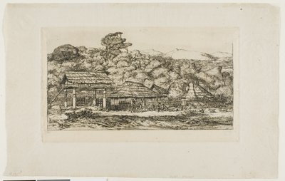 Rodzime stodoły i chaty w Akaroa, Półwysep Banksa, 1845 r. autorstwa Charles Meryon