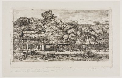 Rodzime stodoły i chaty w Akaroa, Półwysep Banksa, 1845 r. autorstwa Charles Meryon