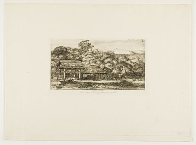 Rodzime stodoły i chaty w Akaroa, Półwysep Banksa, 1845 r. autorstwa Charles Meryon