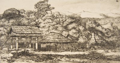Rodzime stodoły i chaty w Akaroa, Półwysep Banks, 1845, 1860. autorstwa Charles Meryon