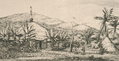 Nowa Kaledonia, Nowa Kaledonia: duża chata tubylców na chodniku do Poepo, ilustracja z "Etching of the Pacific...", 1863 autorstwa Charles Meryon