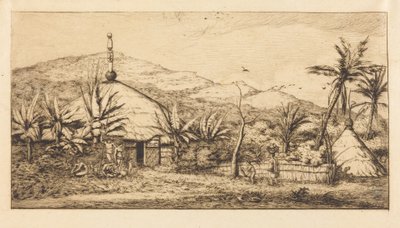 Nowa Kaledonia: Duża chata tubylcza przy drodze z Balade do Puebo, 1845 r. (New Caledonia: Large Native Hut on the Road from Balade to Puebo, 1845) autorstwa Charles Meryon