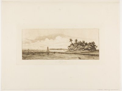 Oceania: Rybołówstwo, w pobliżu wysp z palmami w grupie Uea lub Wallis, 1845 r. autorstwa Charles Meryon