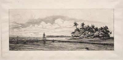 Oceania: Łowienie ryb w pobliżu wysp z palmami w grupie Uea lub Wallis, 1863. autorstwa Charles Meryon