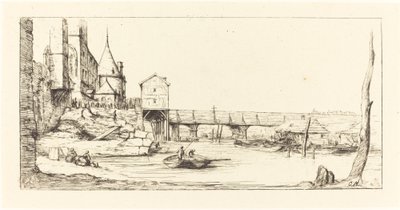 Passerelle du Pont-au-Change, Paryż, po pożarze w 1621 Kładka dla pieszych..., 1860. autorstwa Charles Meryon