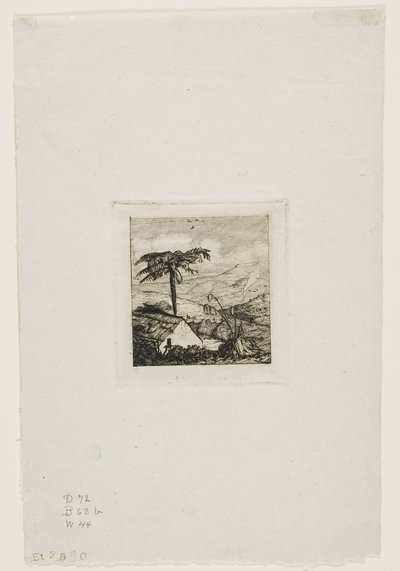 Kryta strzechą chata starego żołnierza, Akaroa, 1845 r. autorstwa Charles Meryon
