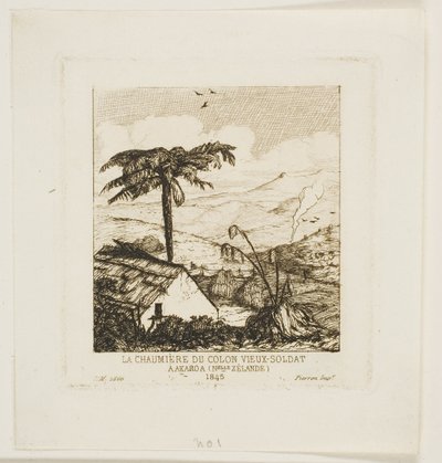 Kryta strzechą chata starego żołnierza, Akaroa, 1845 r. autorstwa Charles Meryon
