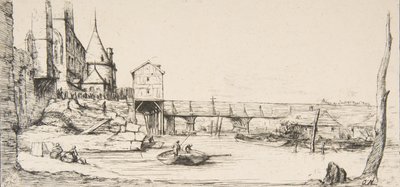 Kładka tymczasowo zastępująca most Pont-au-Change, Paryż, po pożarze w 1621 r., po..., 1860 r. autorstwa Charles Meryon