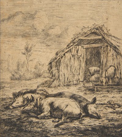 Trzy świnie leżące przed szopą, 1850. autorstwa Charles Meryon