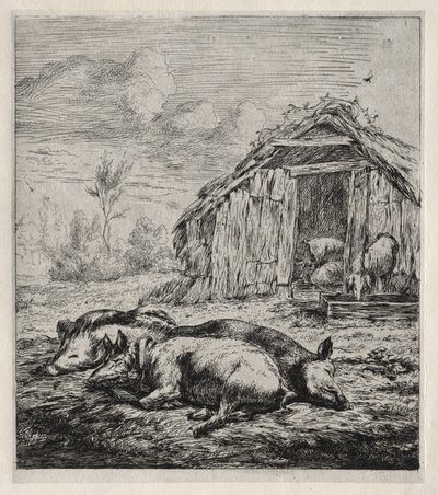 Trzy świnie leżące przed chlewem, 1850. autorstwa Charles Meryon