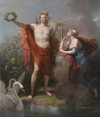 Apollo, bóg światła, elokwencji, poezji i sztuk pięknych z Uranią, muzą astronomii, 1789 autorstwa Charles Meynier