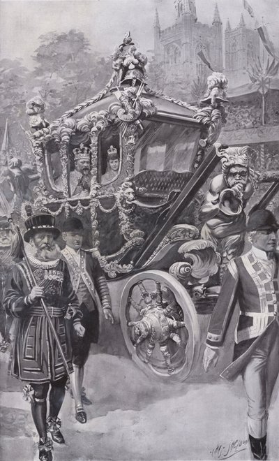 Król Edward VII i królowa Aleksandra w autokarze wracają z koronacji w Opactwie Westminsterskim w Londynie autorstwa Charles Mills (after) Sheldon
