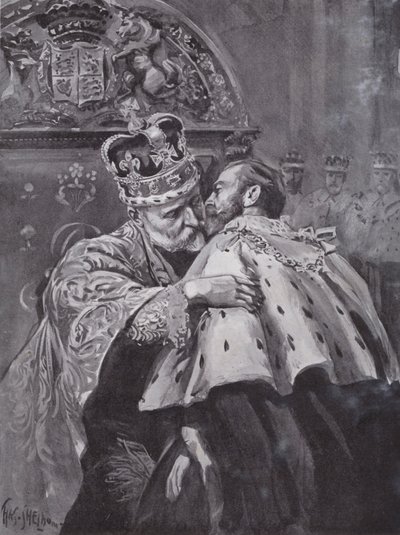 Król Edward VII obejmujący swego syna, księcia Walii, podczas koronacji króla, Westminster Abbey, Londyn autorstwa Charles Mills (after) Sheldon