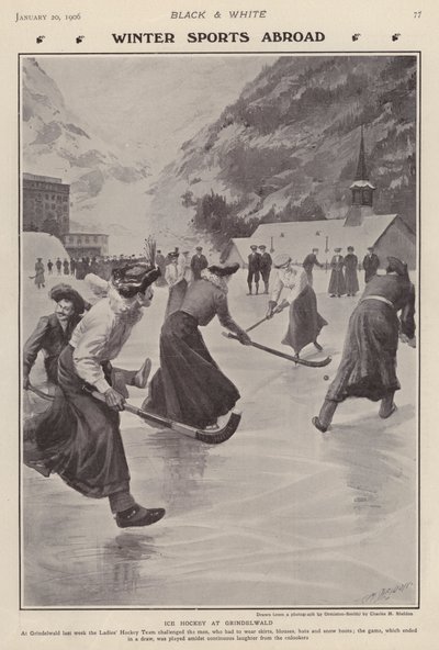 Gra w hokeja na lodzie w Grindelwald, Szwajcaria (litho) autorstwa Charles Mills (after) Sheldon