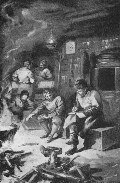 William Barents piszący swój pamiętnik spędzając zimę w chacie na Nova Zembla (lito) autorstwa Charles Mills (after) Sheldon