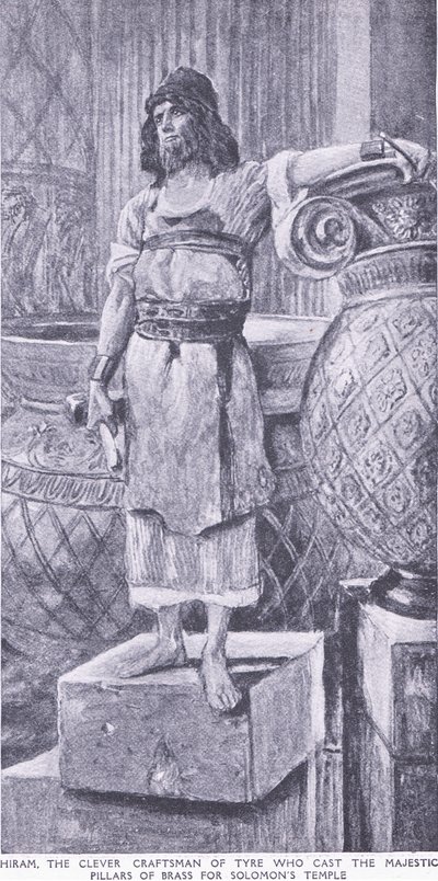 Hiram, sprytny rzemieślnik z Tyru, który odlał majestatyczne mosiężne kolumny do świątyni Salomona autorstwa Charles Mills Sheldon