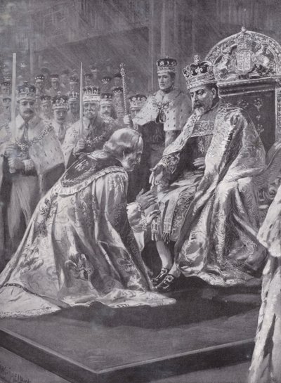 Hołd arcybiskupa Canterbury podczas koronacji króla Edwarda VII, Westminster Abbey, Londyn, 1902 autorstwa Charles Mills after Sheldon