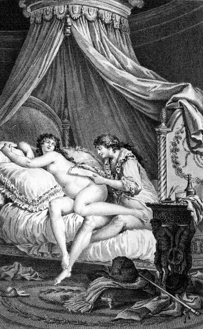 Ilustracja do „”Les Liaisons Dangereuses”” autorstwa Choderlos de Laclos. Grawerunek Charlesa Monneta (1732 - 1808): Valmont pisze list na odwrocie Emilie (kurtyzany). autorstwa Charles Monnet