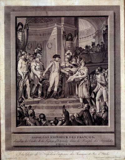 Napoleon rozdaje gwiazdy Legii Honorowej Inwalidom 26 messidor i XII. Grawerowanie Charlesa Monneta (1732 - Ap 1808) autorstwa Charles Monnet