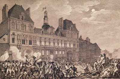 Robespierre, Saint-Just, Couthon i Hanriot schronili się w Hotel-de-Ville w Paryżu, 9 Thermidor Rok II (27 lipca 1794) 1800 autorstwa Charles Monnet