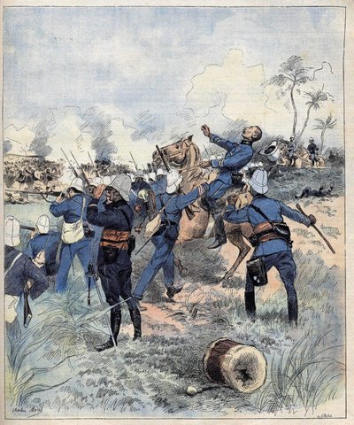 Komandor Faurax zginął w bitwie pod Dogba 19 września 1892 roku w Dahomeju (obecnie Benin) po aquerelle de Morel z 1892 roku. autorstwa Charles Morel