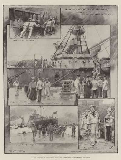Aktywność marynarki wojennej w Portsmouth Dockyard, odlot latającej eskadry (litografia) autorstwa Charles Murray (after) Padday