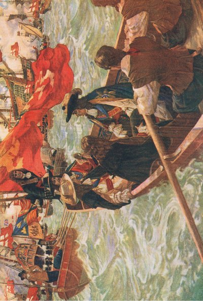 Powrót do domu Karola II, ilustracja z "Historii narodu brytyjskiego" opublikowanej przez Waverley, ok. 1940 r. (kolorowa litografia) autorstwa Charles Murray Padday