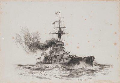 Brytyjski okręt Iron Duke. Rysunek (25,5x36,8 cm) autorstwa Charlesa M. Paddaya (), początek XX wieku. autorstwa Charles Murray Padday