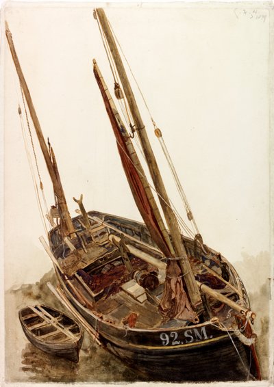 Studium łodzi rybackiej i pontonu (kolor nadwozia) autorstwa Charles Napier Hemy