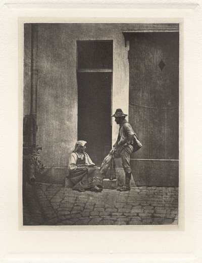 Planche IV - Pifferaro Debout et Paysanne Italienne Assise, dans la Cour du 21 Quai Bourbon (Plansza IV - Pifferaro stojący i włoski chłop siedzący, na dziedzińcu 21 Quai Bourbon), 1854, druk 1982 (zdjęcie) autorstwa Charles Nègre
