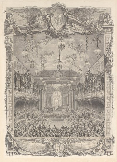 Dekoracja audytorium wybudowanego w Wersalu dla spektaklu ..., ca. 1745. autorstwa Charles Nicolas Cochin
