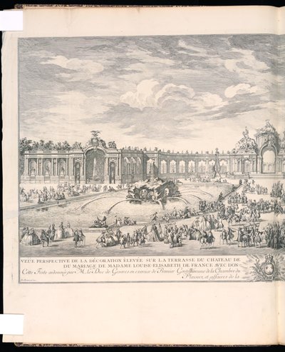 Oprawiona grafika, perspektywa Veüe dekoracji wzniesionej na tarasie Pałacu Wersalskiego do iluminacji i fajerwerków, która została narysowana z okazji ślubu Madame Louise-Elisabeth z Francji z Don Philippe Second Jnfant d