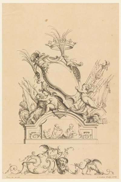 Projekt kartusza z koroną, Dwóch Putti serwujących Bachusa i Dwóch lwów z „Cartouches Nouvellement Inventez” autorstwa Charles Nicolas Cochin the younger