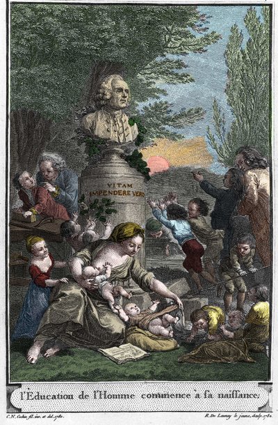 Edukacja ludzka zaczyna się w momencie narodzin. Frontispice (1782) grób „”L