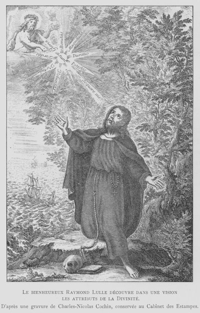 Hiszpański filozof Ramon Llull odkrywa atrybuty boskości w wizji (lito) autorstwa Charles Nicolas II (after) Cochin