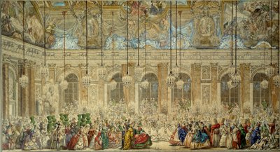 Bal maska lub piłka Ifs daje na ślub Ludwika Dauphin z Francji (1729-1765) z Marie Therese (Marie-Therese) z Hiszpanii w Galerii Glace w Wersalu w lutym 1745 Rysunek piórem i atramentem: Charles Nicolas Cochin le Jeune (1715-1790) autorstwa Charles Nicolas II Cochin