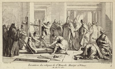 Odkrycie relikwii św. Baudile, zamęczonej w Nimes w 250 roku (rycina) autorstwa Charles Nicolas II Cochin