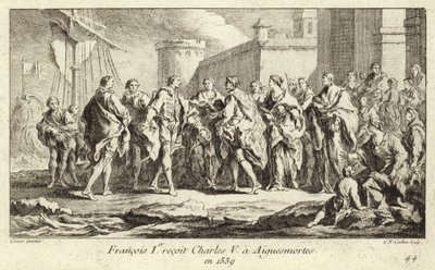 Król Francji Franciszek I przyjmujący cesarza Karola V w Aigues-Mortes autorstwa Charles Nicolas II Cochin