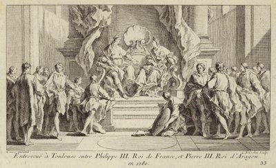 Spotkanie w Tuluzie króla Francji Filipa III i króla Piotra III Aragonii autorstwa Charles Nicolas II Cochin