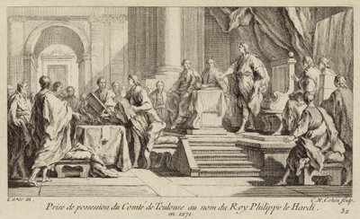 Posiadanie hrabstwa Tuluzy w imieniu króla Filipa III Francji autorstwa Charles Nicolas II Cochin